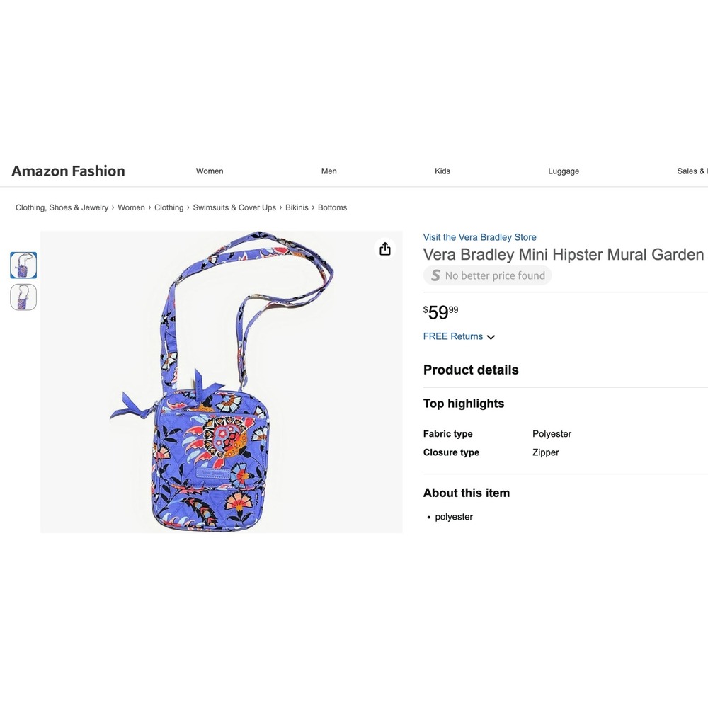 NWT Vera Bradley "Tropical Evening" Mini Hipster Crossbody Bag Quilted $49 MSRP - Picture 11 of 11